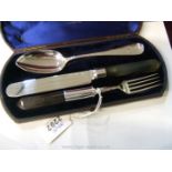 A Cased Quality Victorian Three Piece Silver Christening Set Of Knife,