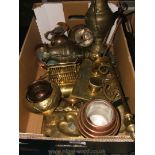 A quantity of brass and copper including vases, door knocker, jugs, inkwell,