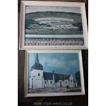 A Print of a French church and a Lowry style print of a row of houses with parkland and terraced