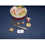 A Huntley & Palmer biscuit tin, propelling pencil, lockets etc.