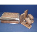 A pair of Elephant bookends and a carved Indian box.