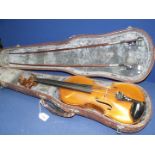 A 20th c. Violin labelled Andrea Borelli, with case and two bows, one bow stamped C.