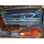Two Violins and four bows in a double violin Case.