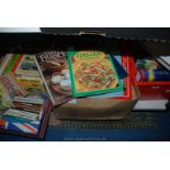 Three boxes of books including novels, cookery, thesaurus,