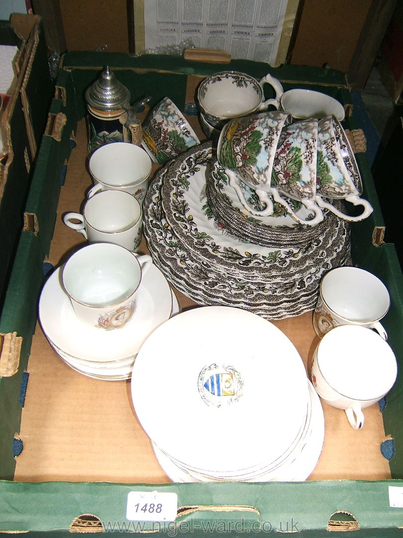 A quantity of commemorative china and Myott's 'Country Life' cups, saucers, plates,