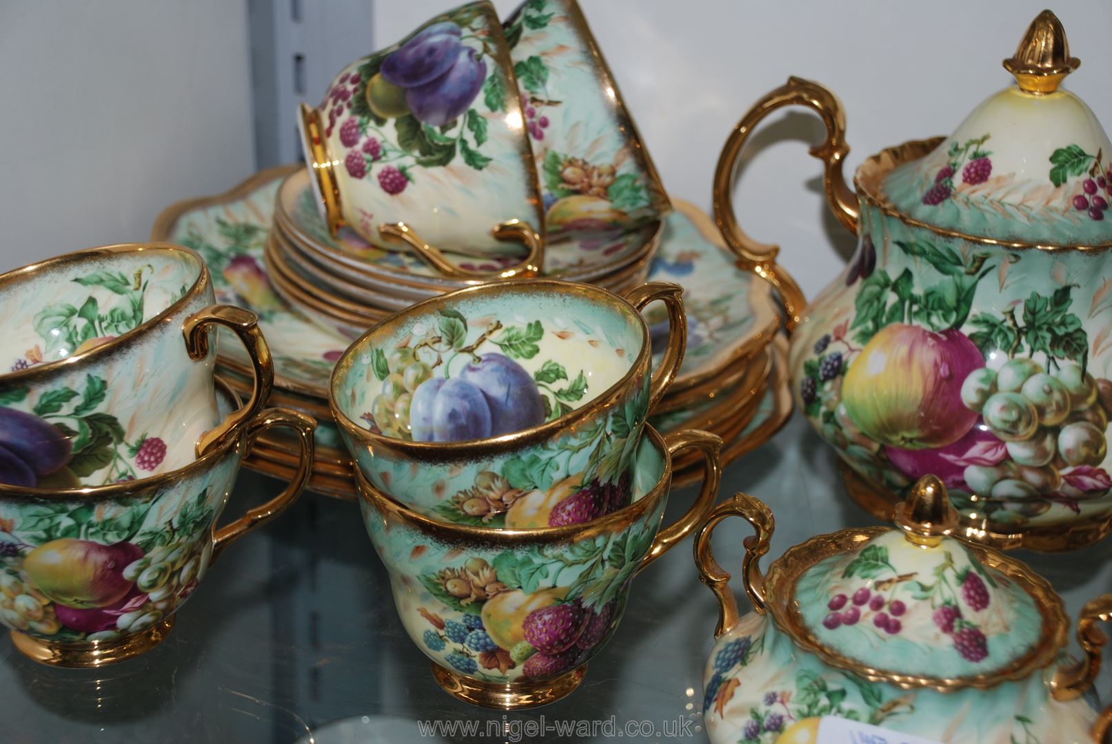 A Raymond Everill 'Princess Royal' Tea Service, fruit decorated, including teapot, sugar bowl, - Image 6 of 7