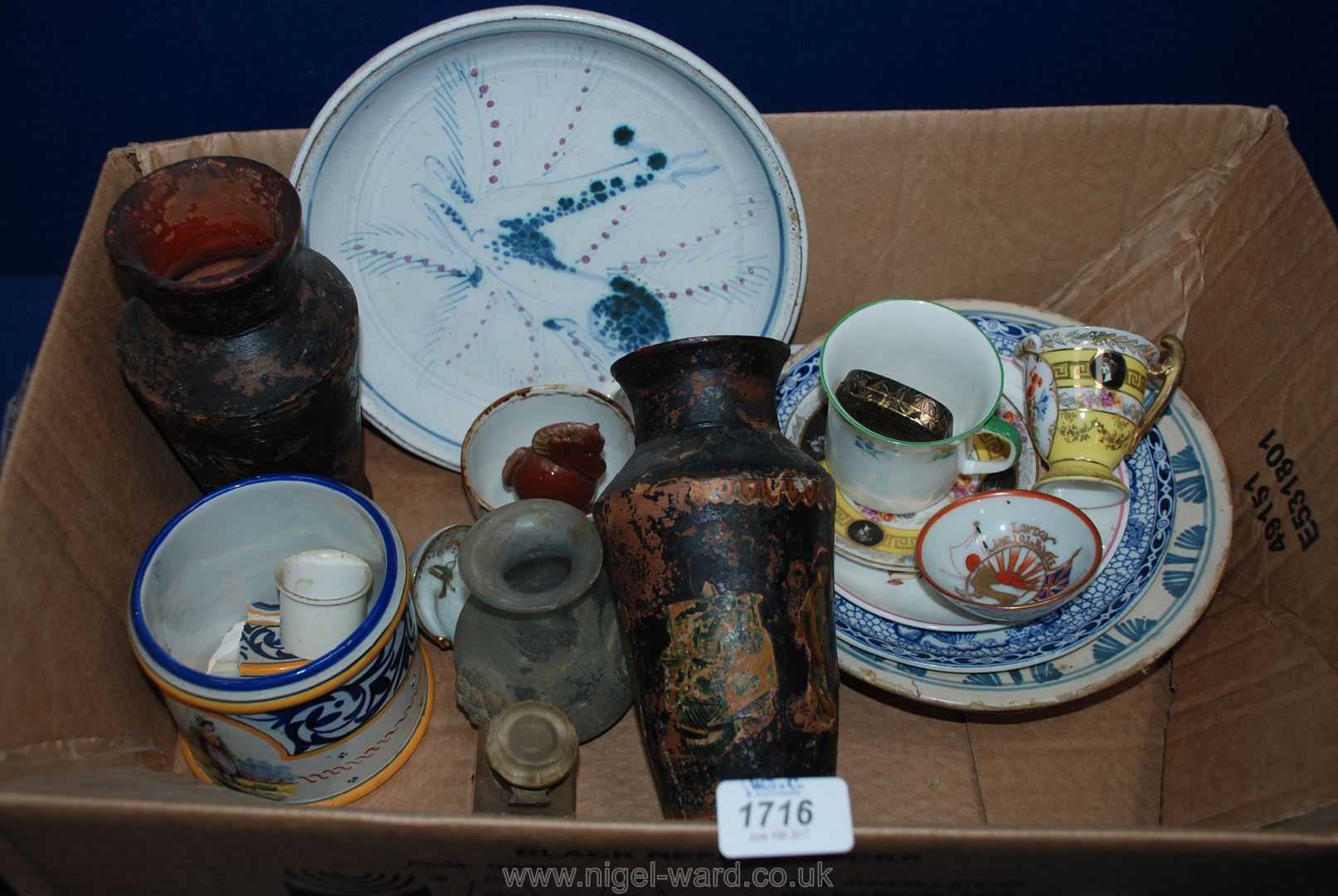 A box of miscellaneous china including cups and saucers, early glass Vase, etc.