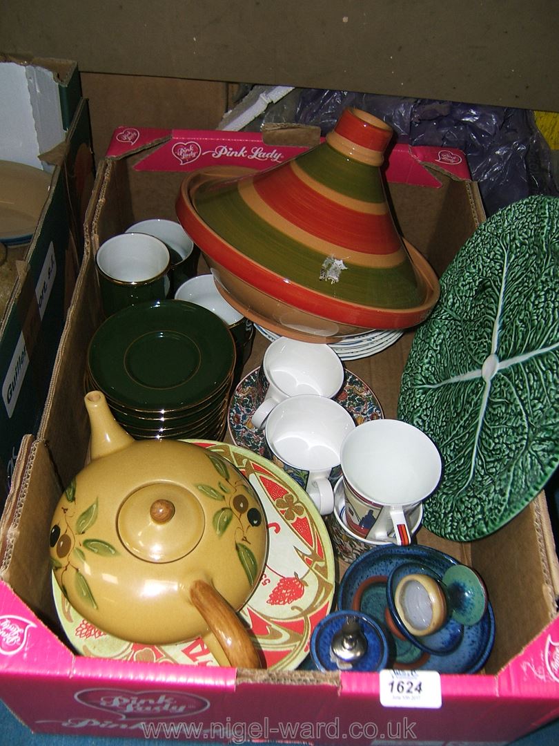 A box of miscellaneous china including French plates, cups and saucers etc.