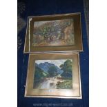 Sam Dean: two large Watercolours of a farmer's wife and a river scene