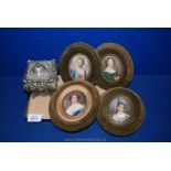 Four velvet framed portrait Miniatures and a white metal Tea Caddy