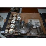 A large box of miscellaneous silver Plated items including tankard, goblets, cigarette case,