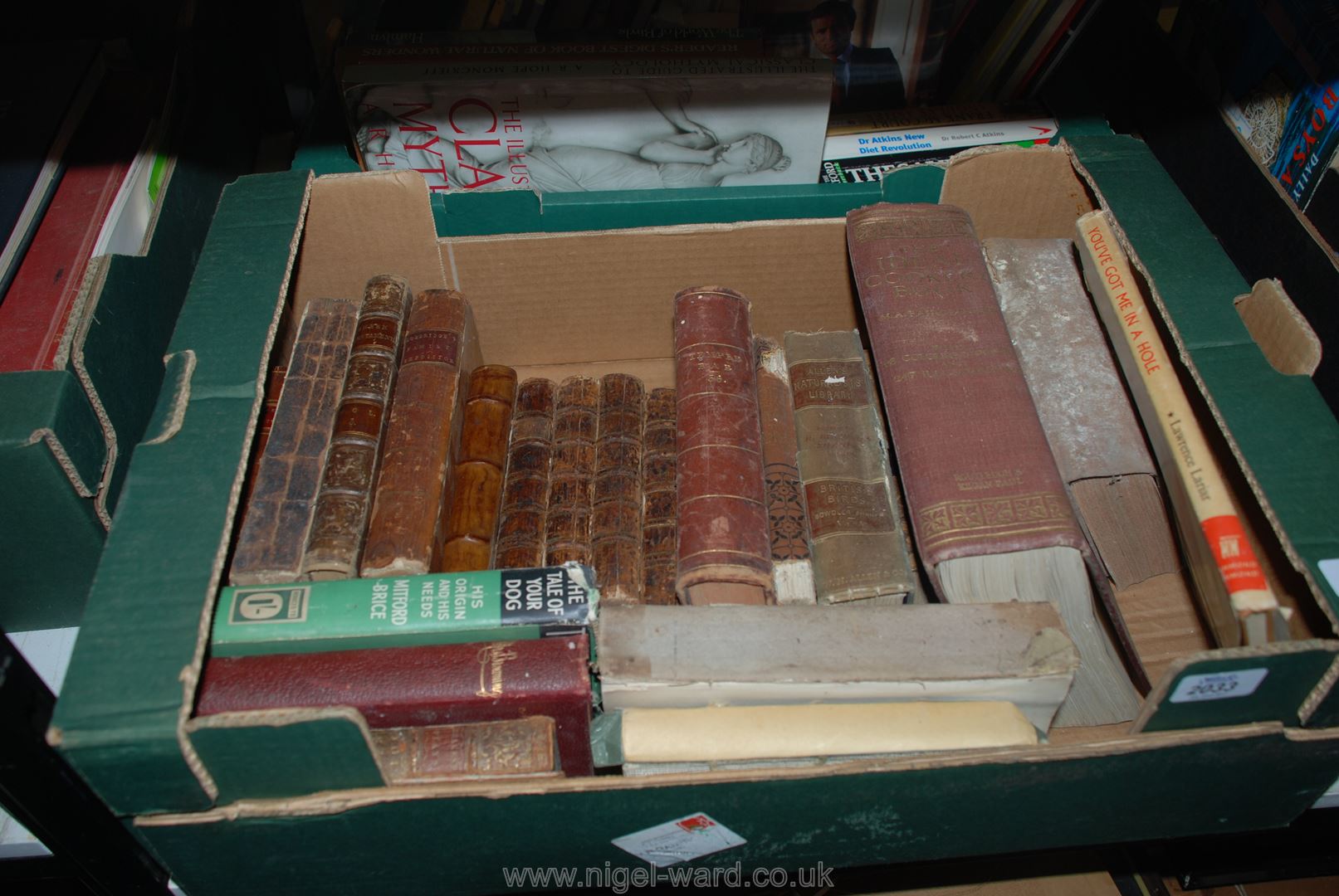 A box of books some leather bound inc Temple Bar 56, The Ideal Cooking Book,