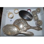 A Silver backed Mirror and hairbrush (not matching), silver topped glass pin Boxes,