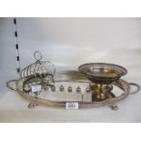 A silver plated oval galleried Tray with two handles and a pretty plated Toast rack