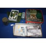 A box of Airfix including tanks, trees, figures, etc.