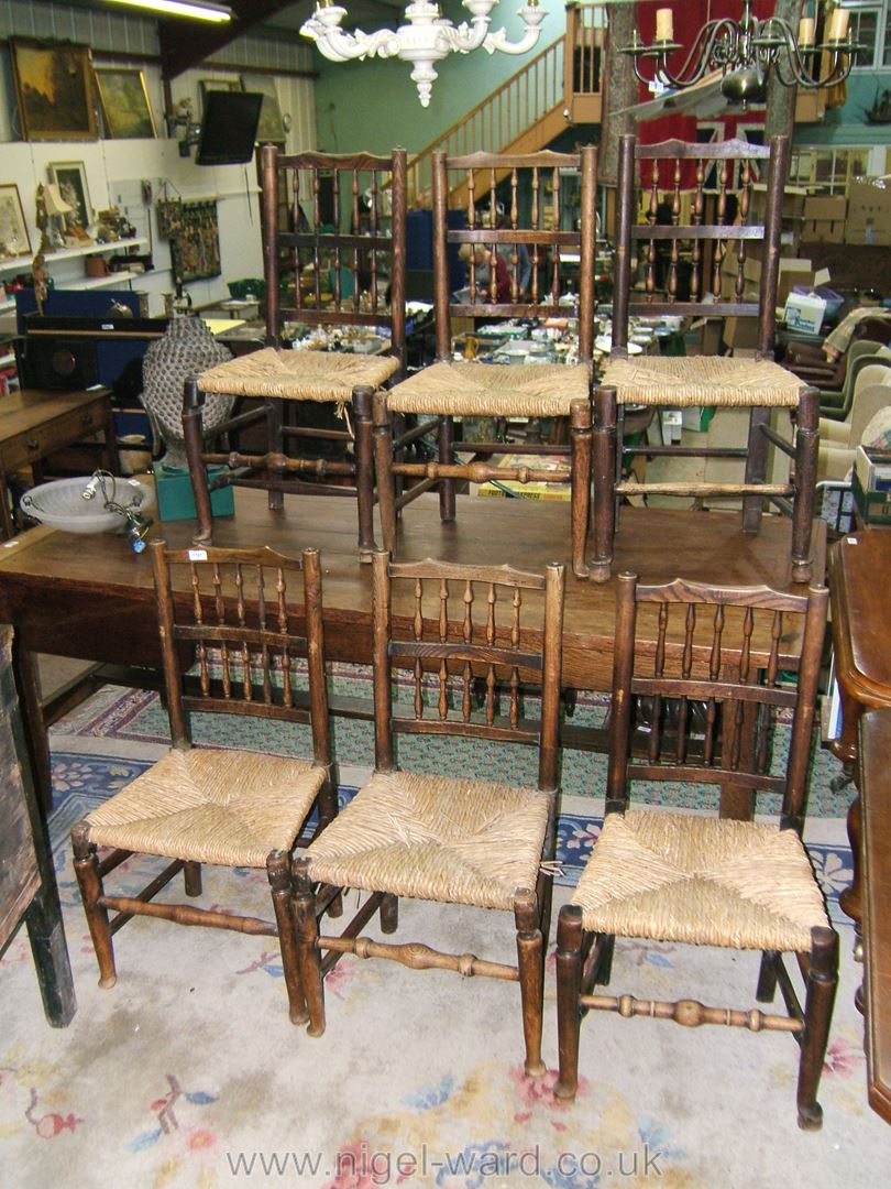 A matched set of six Ash and Oak framed spindle back rush seated Clissett Chairs. - Image 2 of 2