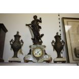 A French Clock Garniture with enamelled dial clock having eight day striking movement,