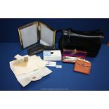 A Jane Shilton handbag, two purses, some pre -decimal coins, double photograph frame,