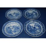 Two pairs of Chinese porcelain blue and white Plates with oriental patterns and staple repairs,