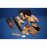 A quantity of Treen including animals, travel chess set,