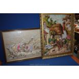 A large Tapestry of a Bucolic scene depicting thatched cottage, pony and trap scene,