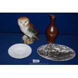 A box of miscellaneous china including Coalport saucer, an Owl, Vinegar Bottle,