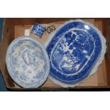 A box of blue and white willow pattern china,