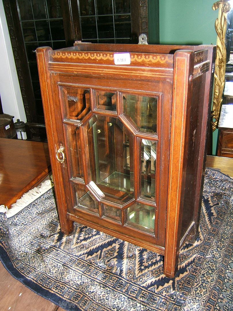 An Edwardian table top glazed Mahogany Display Cabinet having a swag inlaid top over a Boxwood
