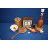 A small quantity of miscellanea including Smiths mantle Clock, coasters, hand mirror, table lamp,