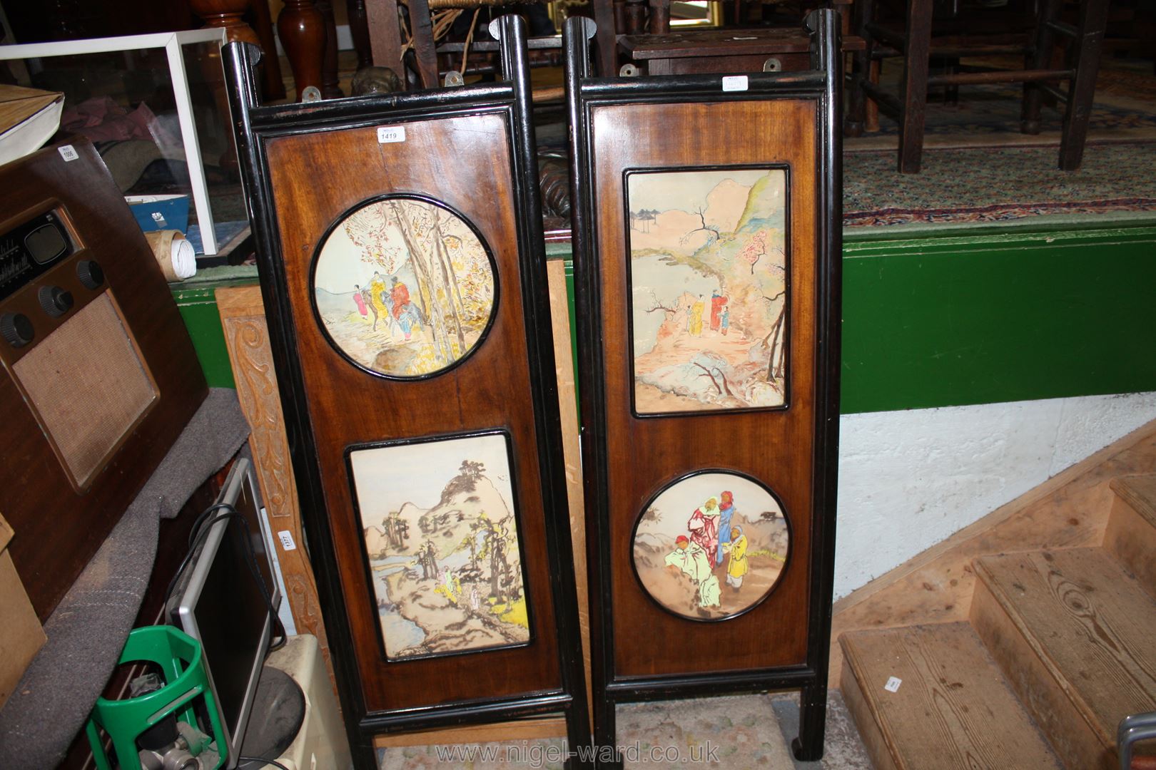 Two Hardwood Japanese Screens with inset Watercolours