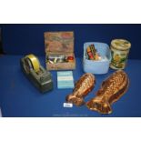 A box of miscellanea including a Tala boxed icing set, boxed pie crimper, old Quality Street tin,