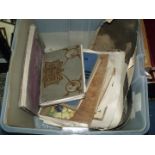 A crate of books and etchings including Francis Simpson The Book of The Cat etc