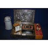 A quantity of miscellanea including shoe stretcher, enamel water pot, biscuit tin,