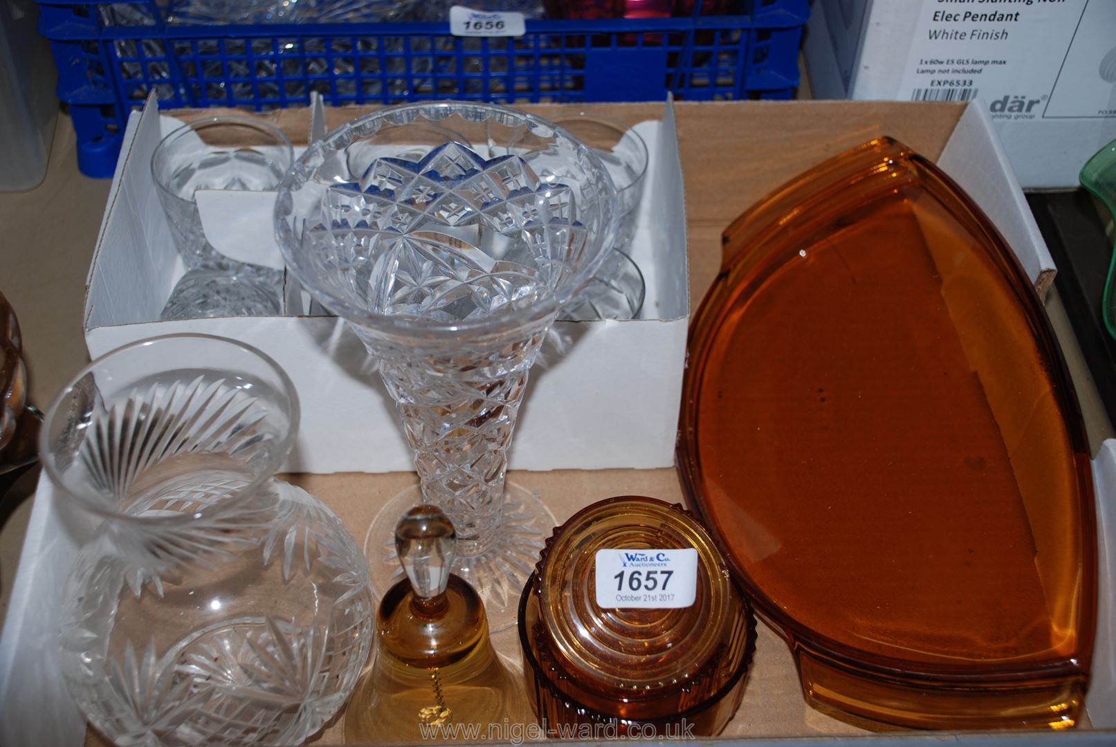 Two glass Vases, set of six small cut glass Tumblers and miscellaneous amber glass.