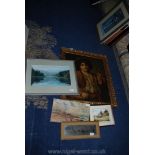 A small Oil on canvas of a seaside scene, a/f, steel picture of Dunster,