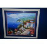 A framed and mounted Oil painting of a Mediterranean scene with blue sea,