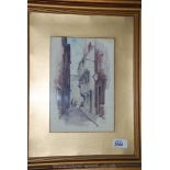 A framed Watercolour of a street scene initialled H.B. 1912, 6 1/2'' x 9 3/4''.