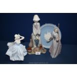 Two Lladro Figures (a/f), one a lady with pottery items at her feet, the other missing her umbrella,