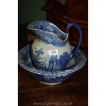 A blue and white Ironstone Bedroomware Bowl and Jug with classical scene