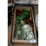 A quantity of china boots including Sylvac and four pieces of green Wedgwood Jasperware