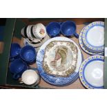 A box of china including modern Delft plate, Staffordshire part tea service, etc.