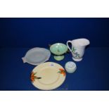 A group of deco pottery including Myott dinner plate, New Hall comport, lustre jug,