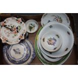 A box of china including two tier cake stand, an Aynsley 'Cottage Garden' plate,