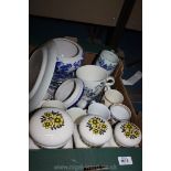 Three 1970's Taunton Vale Jars, four pieces of blue and white china, six royal coronation mugs,
