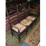 A Clisset style three seat, ladder back Bench Seat with three sets of five ring ladder backs,