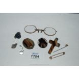 A 9ct Gold Pin, gold rimmed spectacles, polished agate items, stick pin, etc.