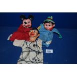 Three Semco Glove Puppets including Mickey Mouse, Pinocchio,