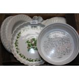 A box of china including two vegetable tureens and Portmeirion flan and souffle dish, etc.