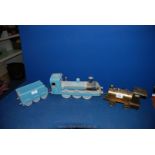 A Brass steam Train, 10 1/2" long, 5" tall and a home-made blue painted Train and Coal Wagon,