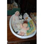 A Victorian Papier mache Bath containing Victorian, Armand Marseille (a/f), ''Cabbage Patch'' Doll,